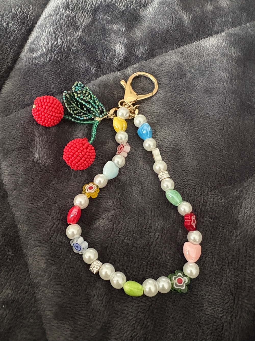 Handmade Multicolor Beaded Charm Keychain with Red Berry Tassel